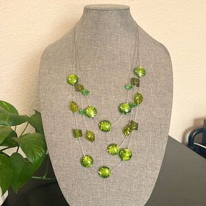 Vintage Art Glass Bead and Silver Wire Layered Necklace with Earrings